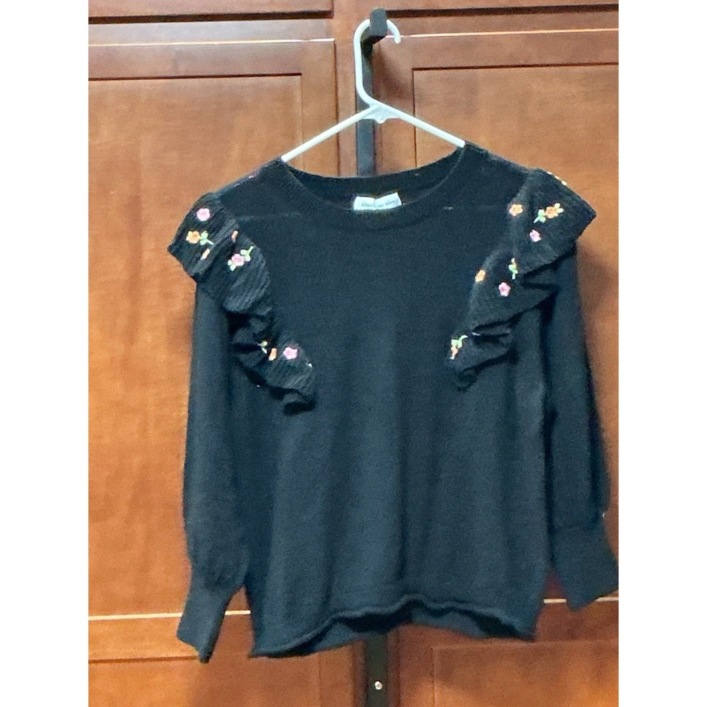 Something Navy Louise Embroidered Ruffle Sweater Black Floral Linen Blend M
